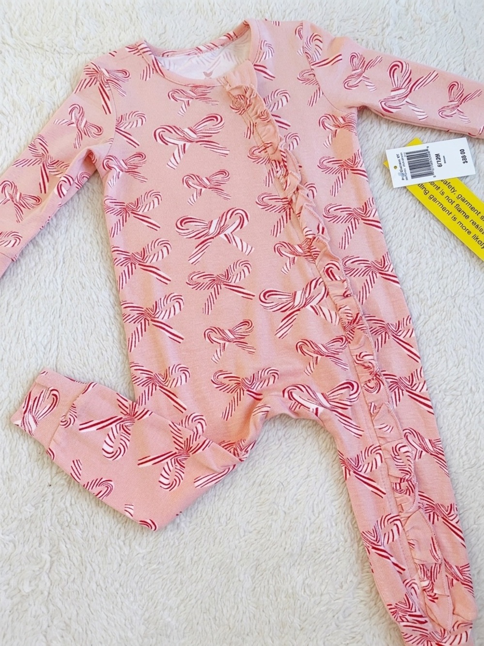 NWT Pink Chicken Ruffled Candy Cane Bows Romper 6-12M